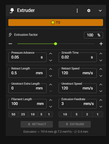Dashboard Extruder 控制面板（含 EXTRUDE 按鈕、Filament Length、Feedrate 欄位）